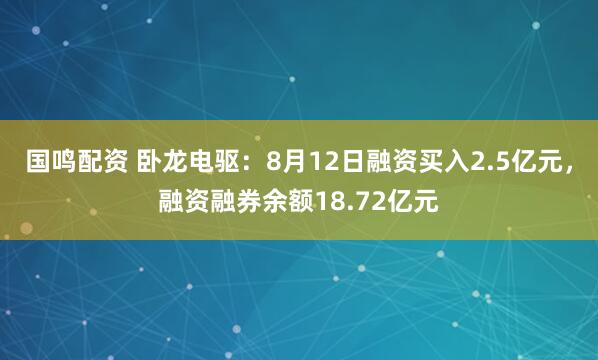国鸣配资 卧龙电驱:8月12日融资买入2.5亿元,融资融券余额18.72亿元